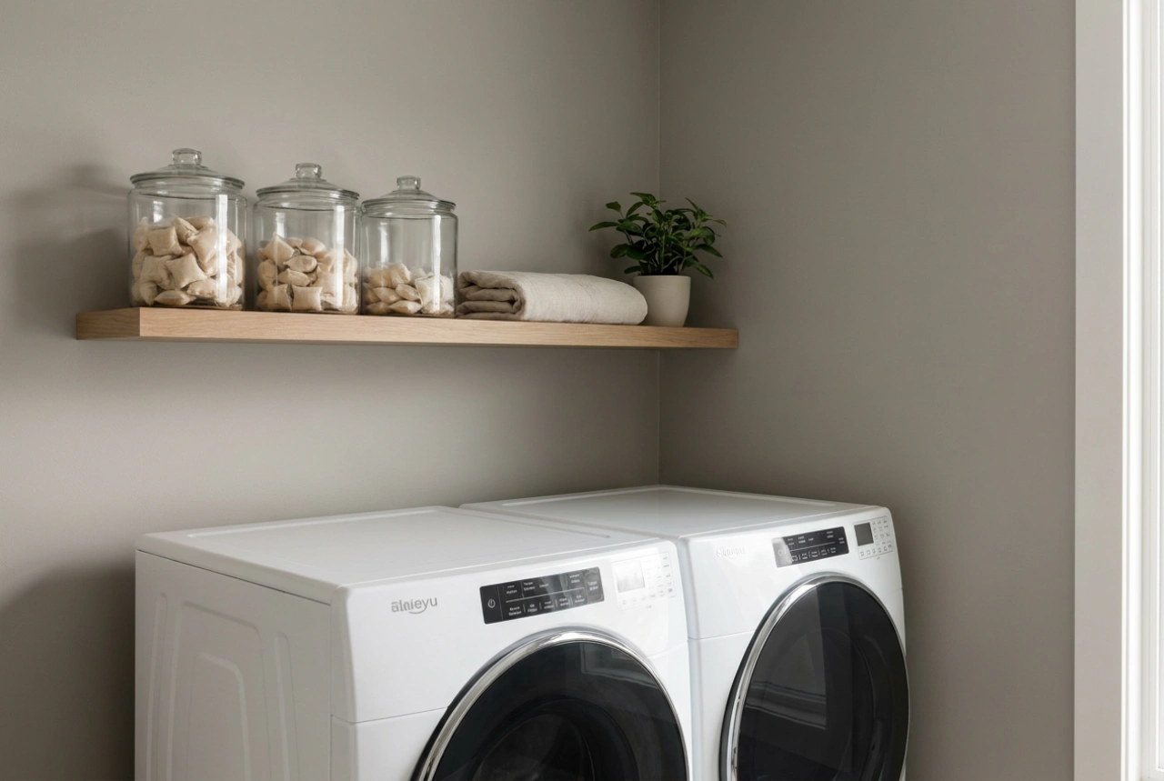 Come organizzare la mensola sopra lavatrice e asciugatrice senza ingombrare il bagno