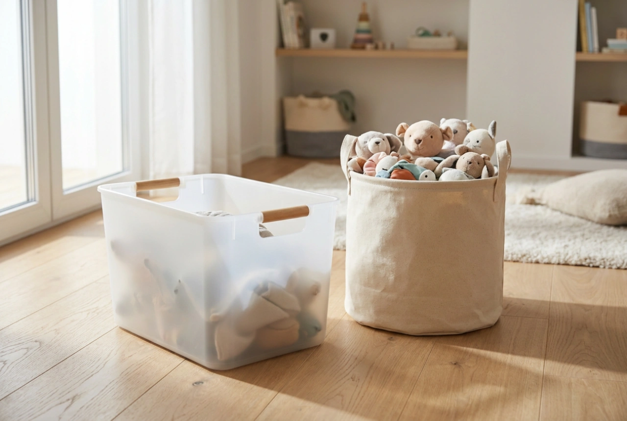 Contenitore di plastica per giocattoli e un sistema di riordino facile per bambini