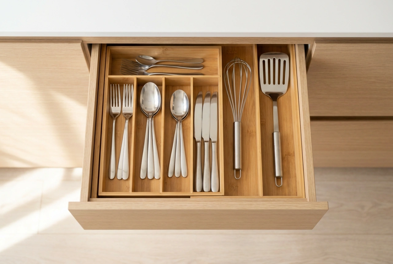 Come adattare i divisori dei cassetti della cucina a stoviglie e utensili