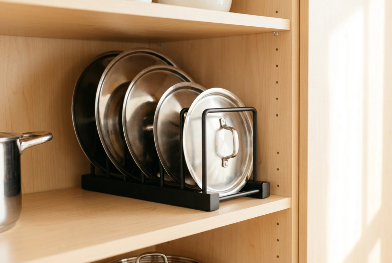 Organizzatore per coperchi: come ordinare i mobili della cucina ed evitare la caduta delle stoviglie