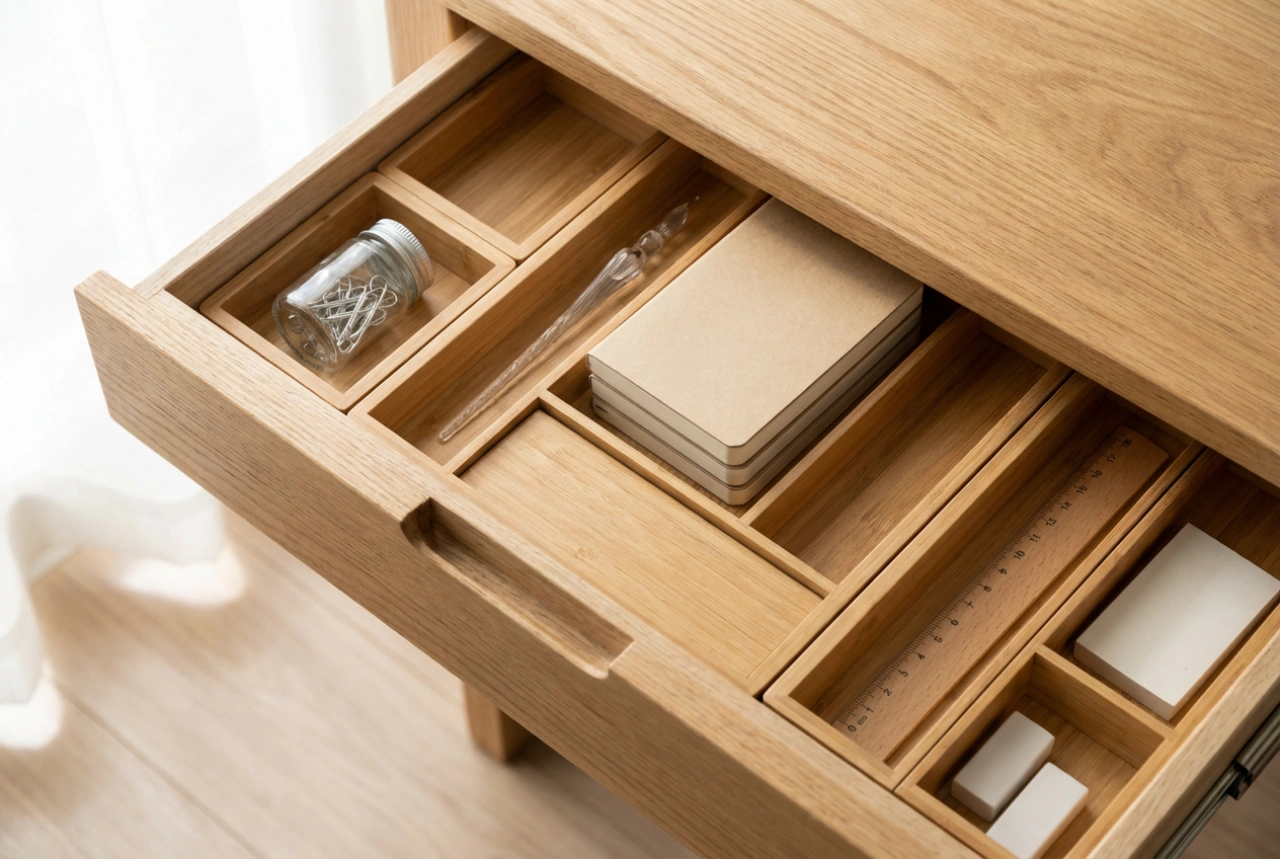 Come suddividere il cassetto della scrivania con un organizer per gli oggetti quotidiani