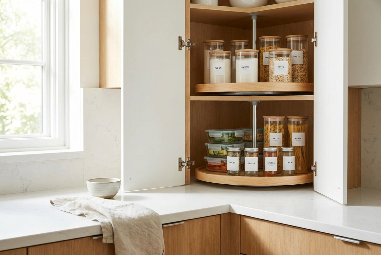 Come organizzare il mobile ad angolo in cucina per scorte ed elettrodomestici