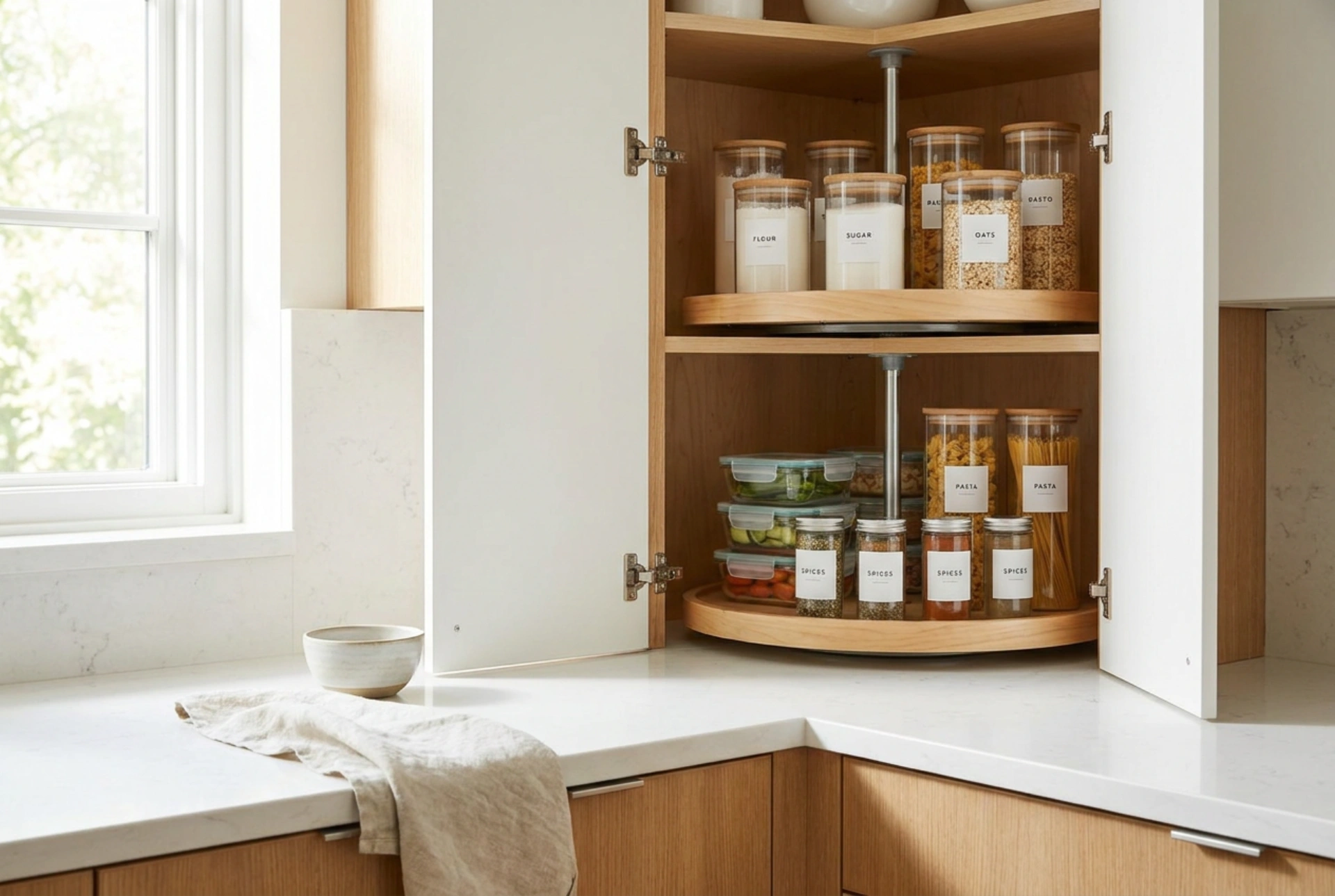 Come organizzare il mobile ad angolo in cucina per scorte ed elettrodomestici
