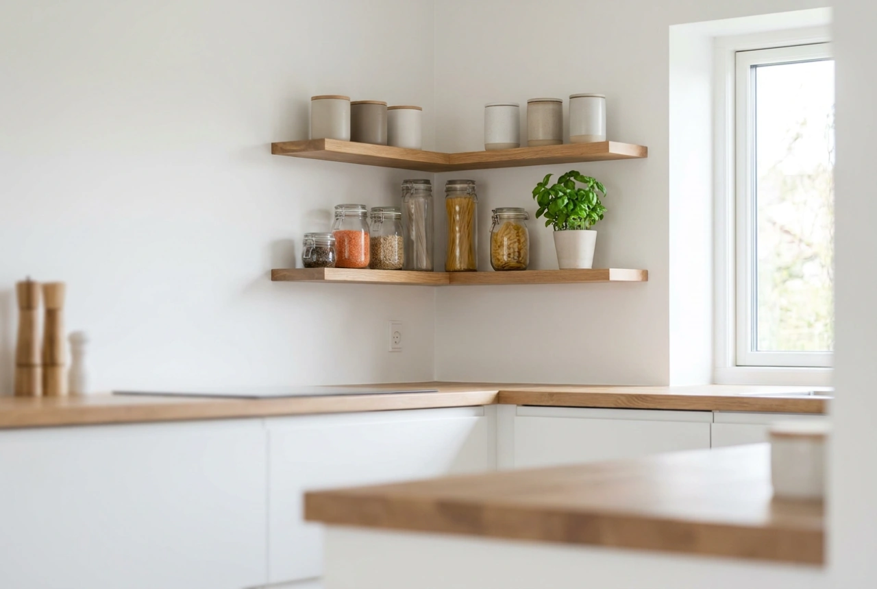 Come disporre le mensole in cucina per alleggerire i pensili