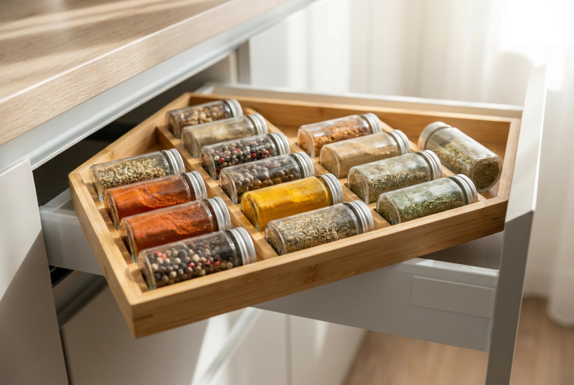 Pratico organizer per il cassetto delle spezie in una cucina piccola