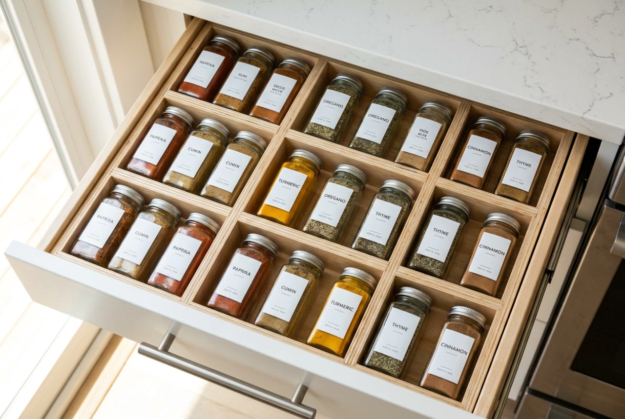 Etichette per barattoli di spezie e organizzazione del cassetto in cucina