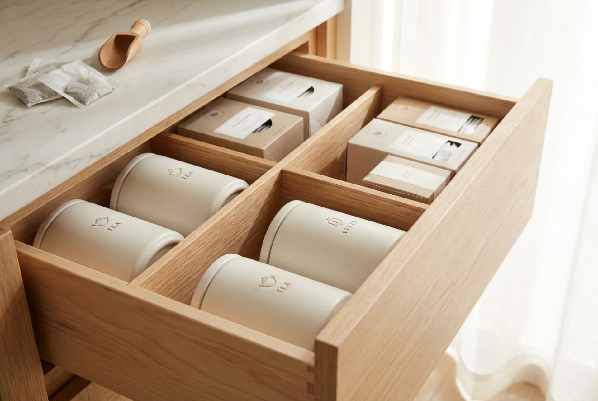 La disposizione pratica dell'organizzatore per caffè e tè in cucina