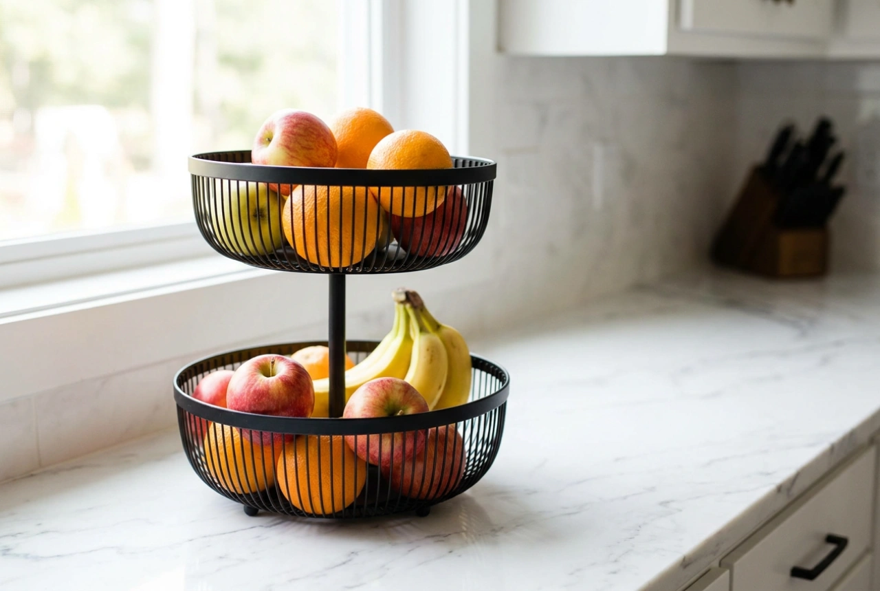 Come posizionare un cesto per la frutta a due livelli in una piccola cucina