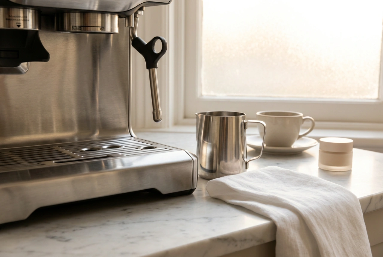 Manutenzione della macchina da caffè a braccetto con montalatte