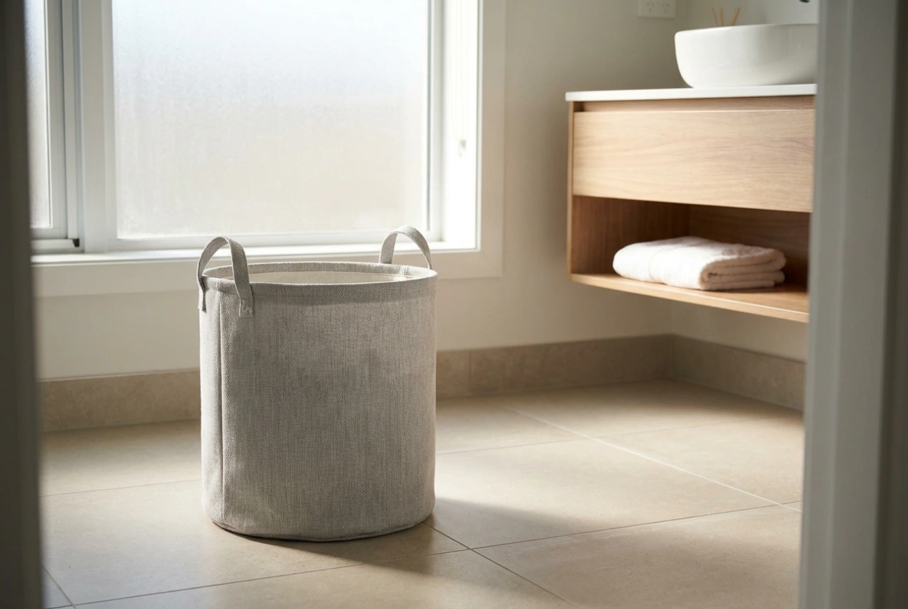 Cesto della biancheria grigio in bagno: come integrarlo senza dominare l'arredamento