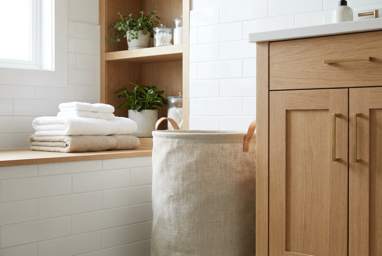 Cesto della biancheria moderno per un bagno pratico e coerente