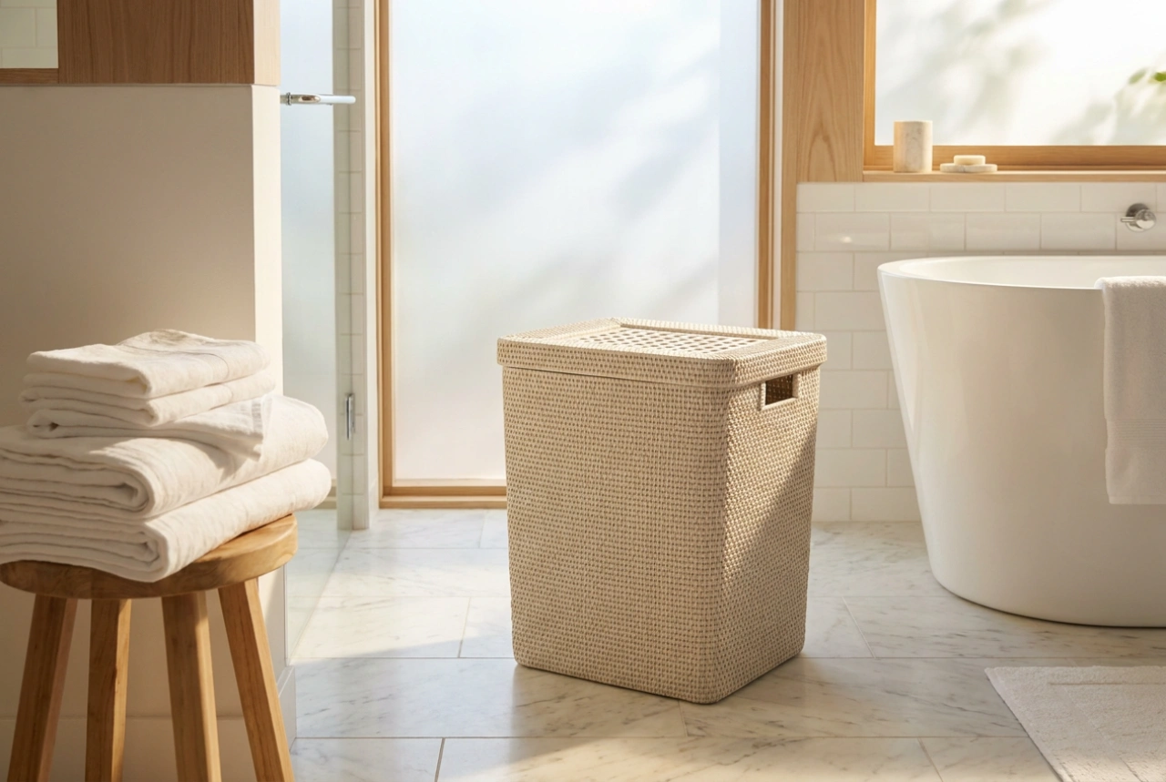 Cesto della biancheria con coperchio e freschezza dei tessuti in bagno