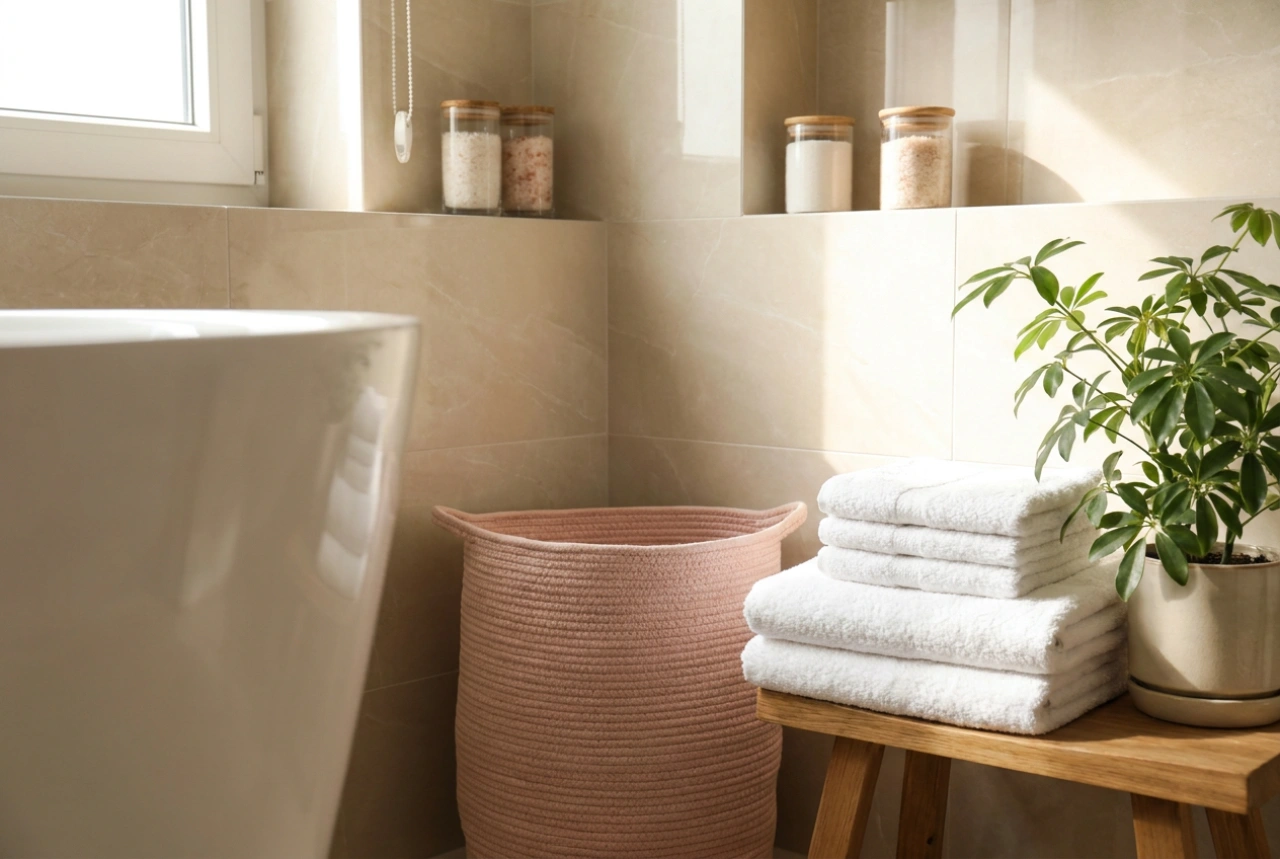 Come integrare un cesto della biancheria rosa in un bagno funzionale