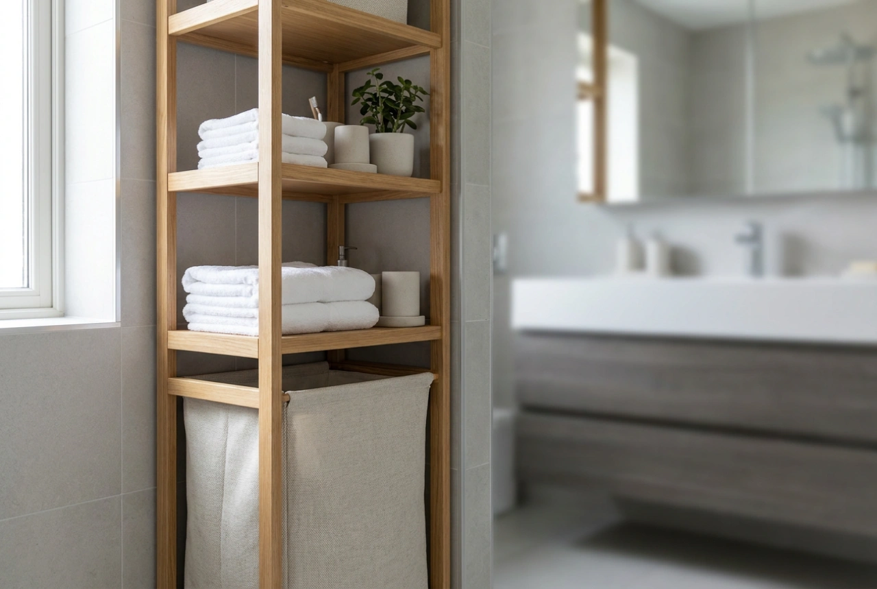 Come ottimizzare lo spazio in bagno con un cesto portabiancheria a scaffali