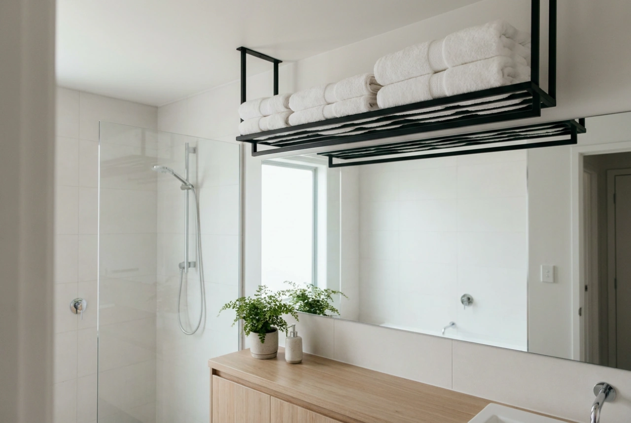 Portasciugamani a soffitto per ottimizzare i bagni di piccole dimensioni