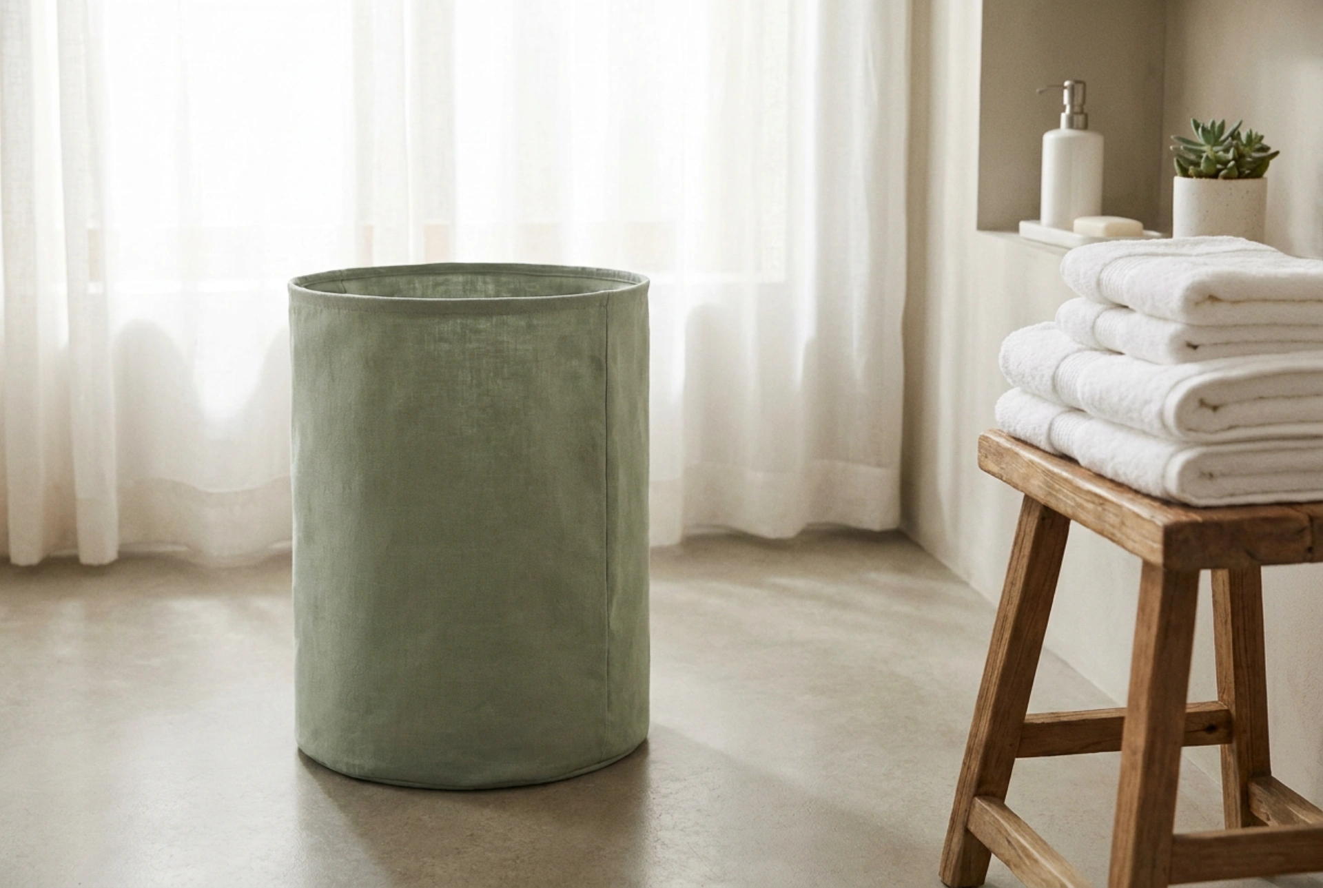 Il cesto della biancheria verde in bagno: organizzazione e stile senza compromessi