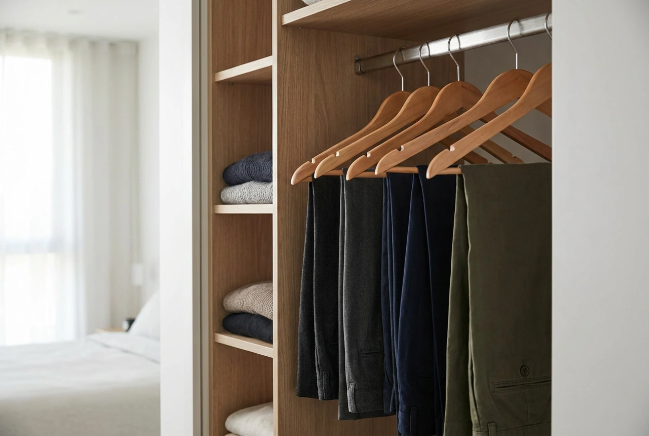 La tecnica efficace per appendere e conservare i pantaloni sulla gruccia