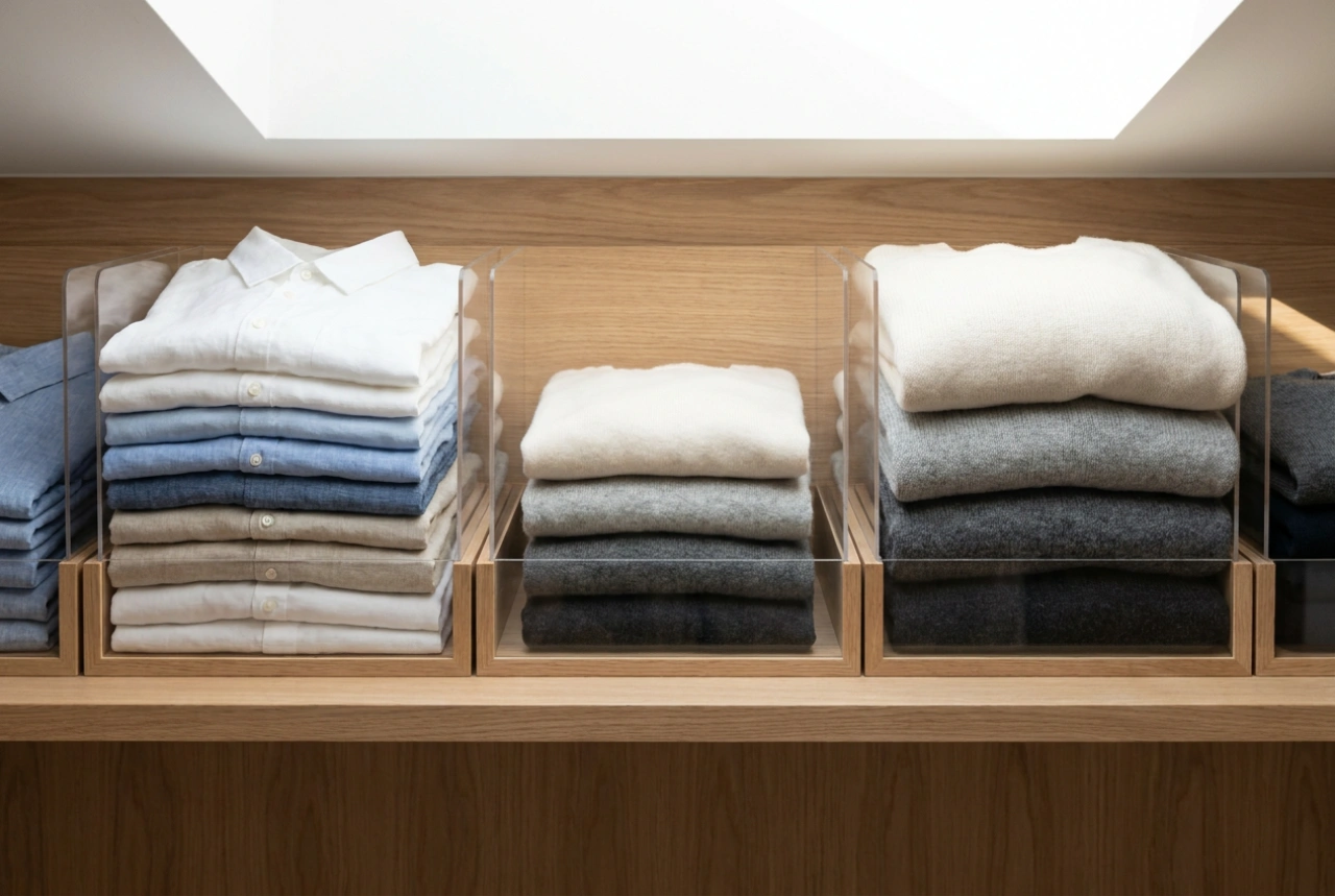 Come organizzare lo scaffale della cabina armadio per capi sempre visibili e protetti