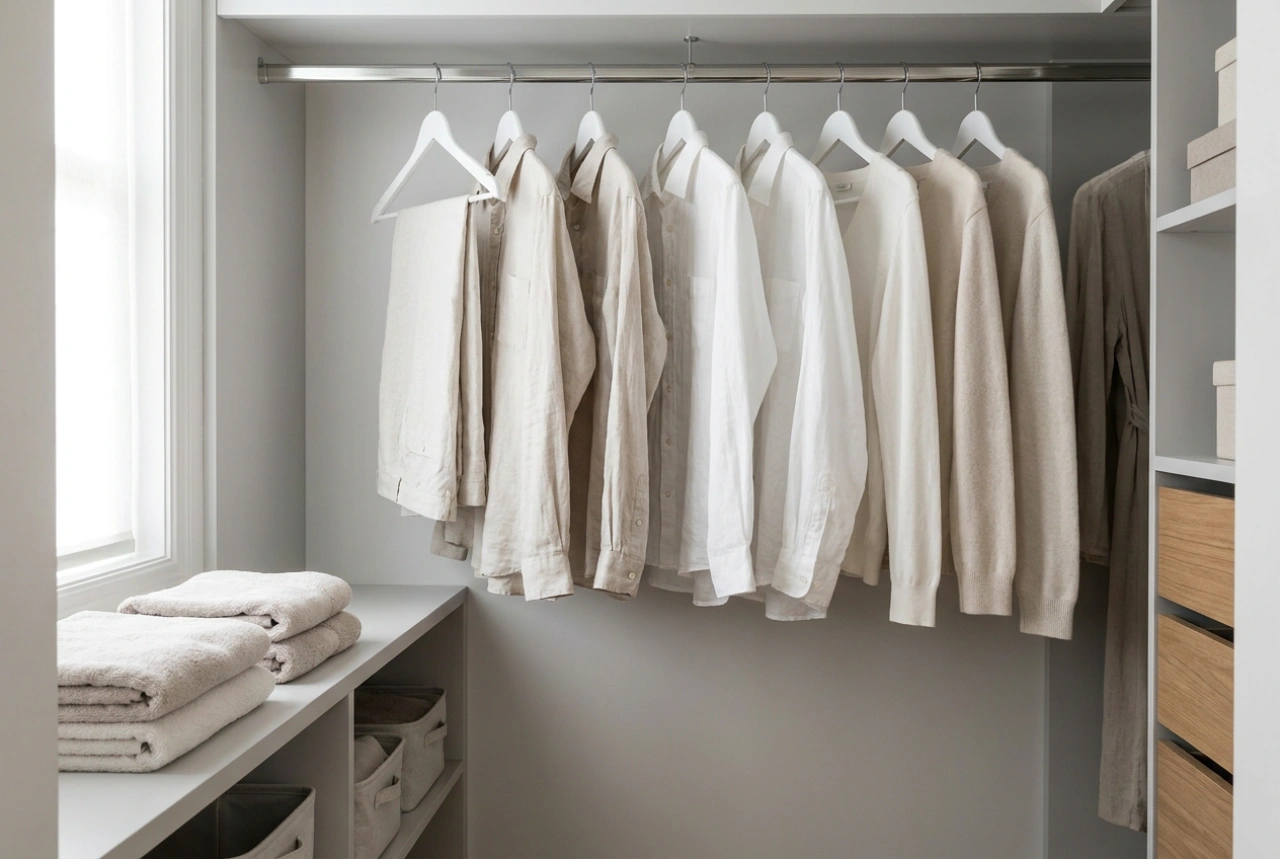 Grucce bianche e un sistema uniforme per organizzare l'armadio