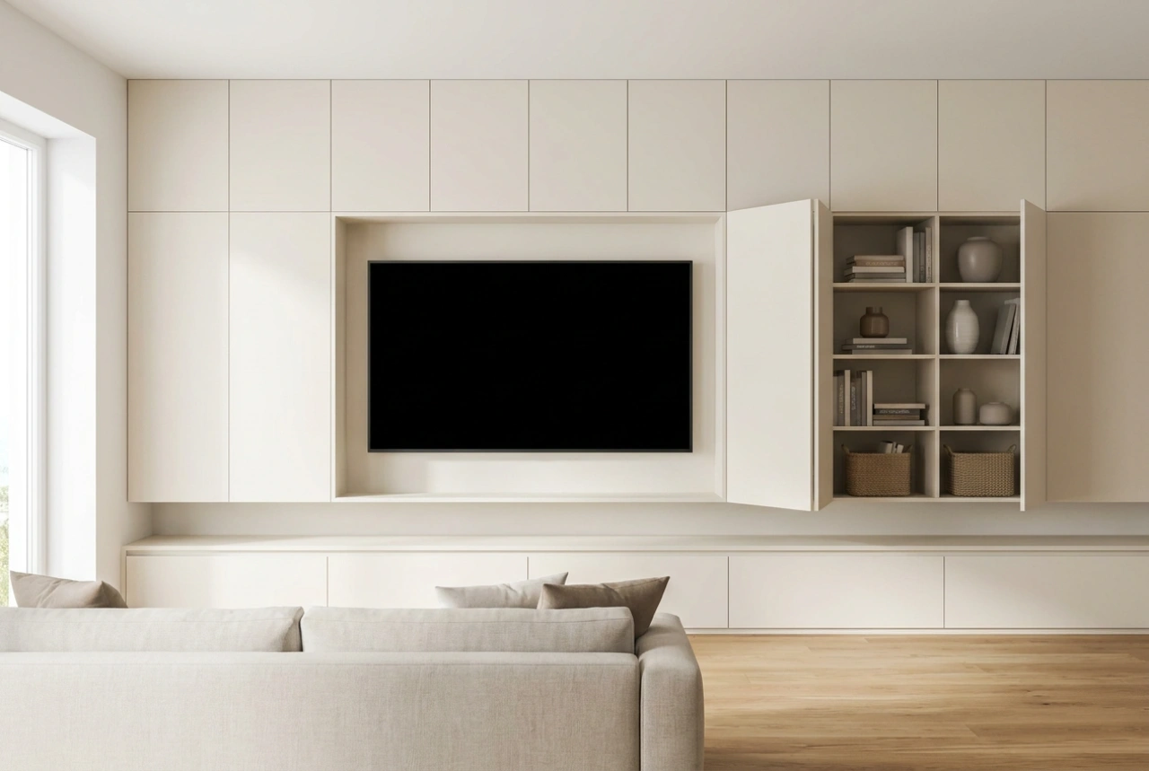 Armadio con nicchia per TV e sistemi di contenimento a scomparsa nel soggiorno
