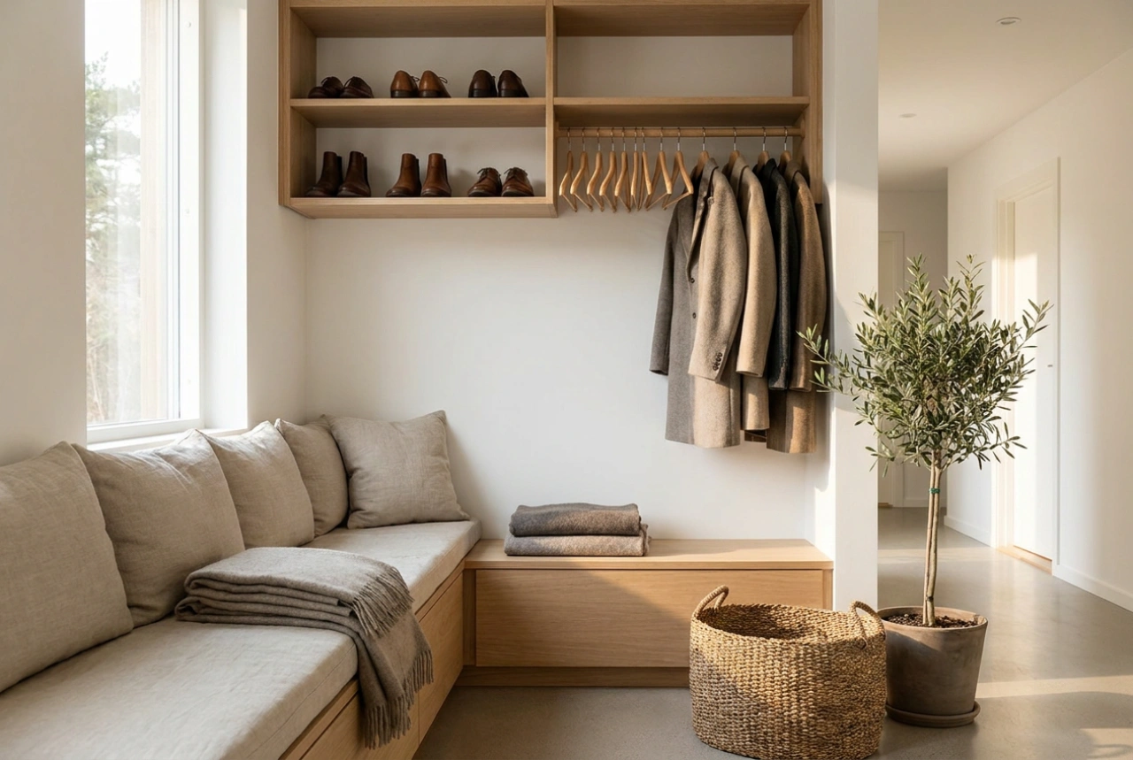 Come organizzare un armadio con seduta nell'ingresso per scarpe e giacche