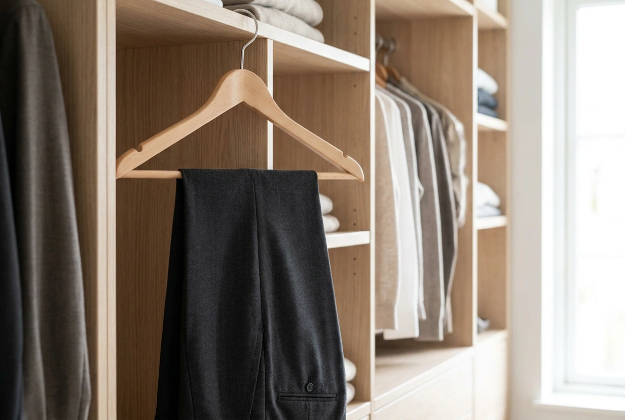 Come scegliere la gruccia per pantaloni ed evitare le pieghe in cabina armadio