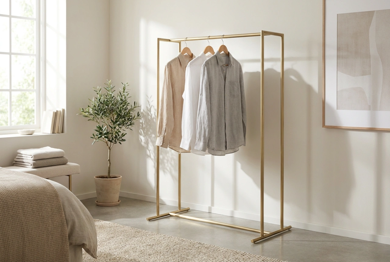 Come valorizzare uno stand appendiabiti dorato senza creare caos in camera da letto