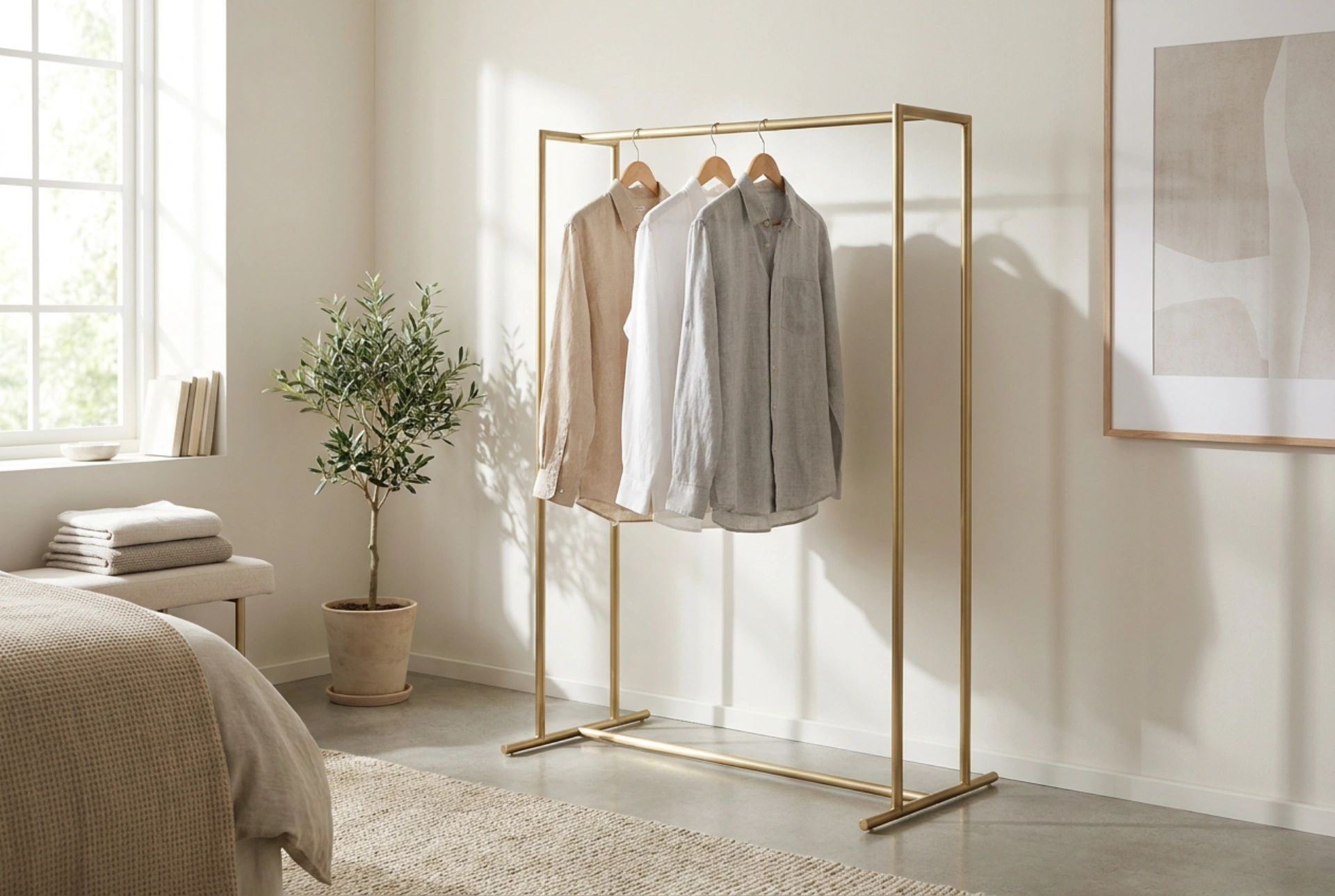 Come valorizzare uno stand appendiabiti dorato senza creare caos in camera da letto