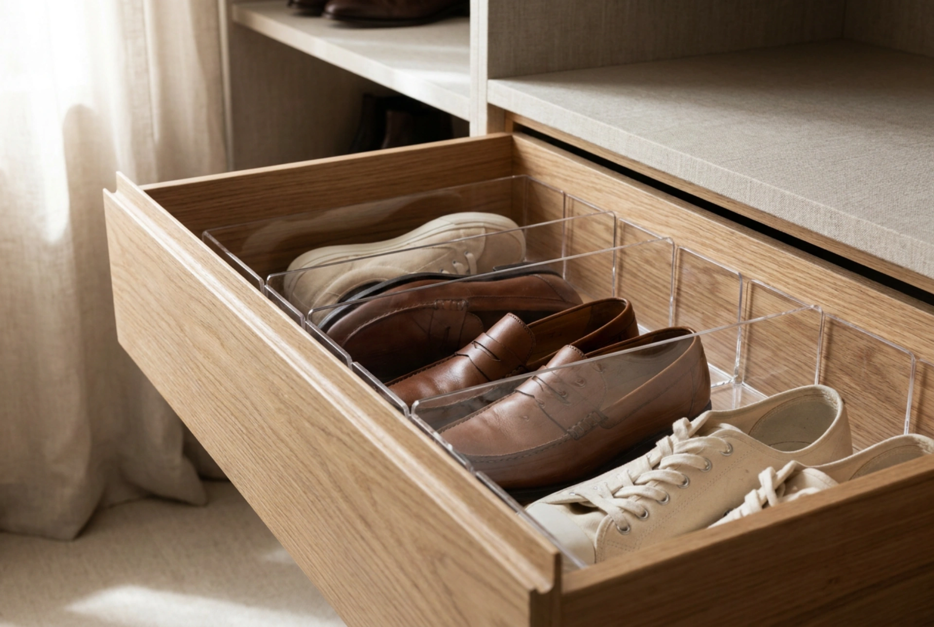 Come utilizzare un organizer per scarpe nei cassetti di una piccola cabina armadio