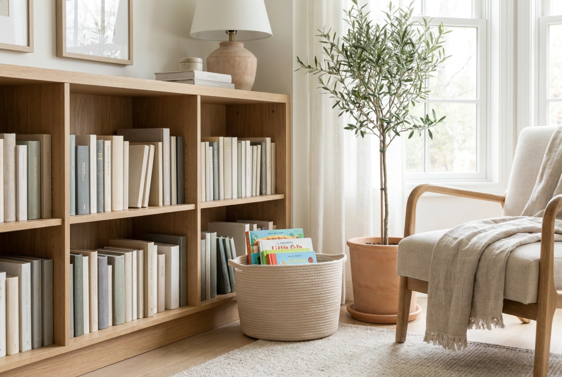 Scaffali per libri nella camera dei bambini e ordine dopo la lettura