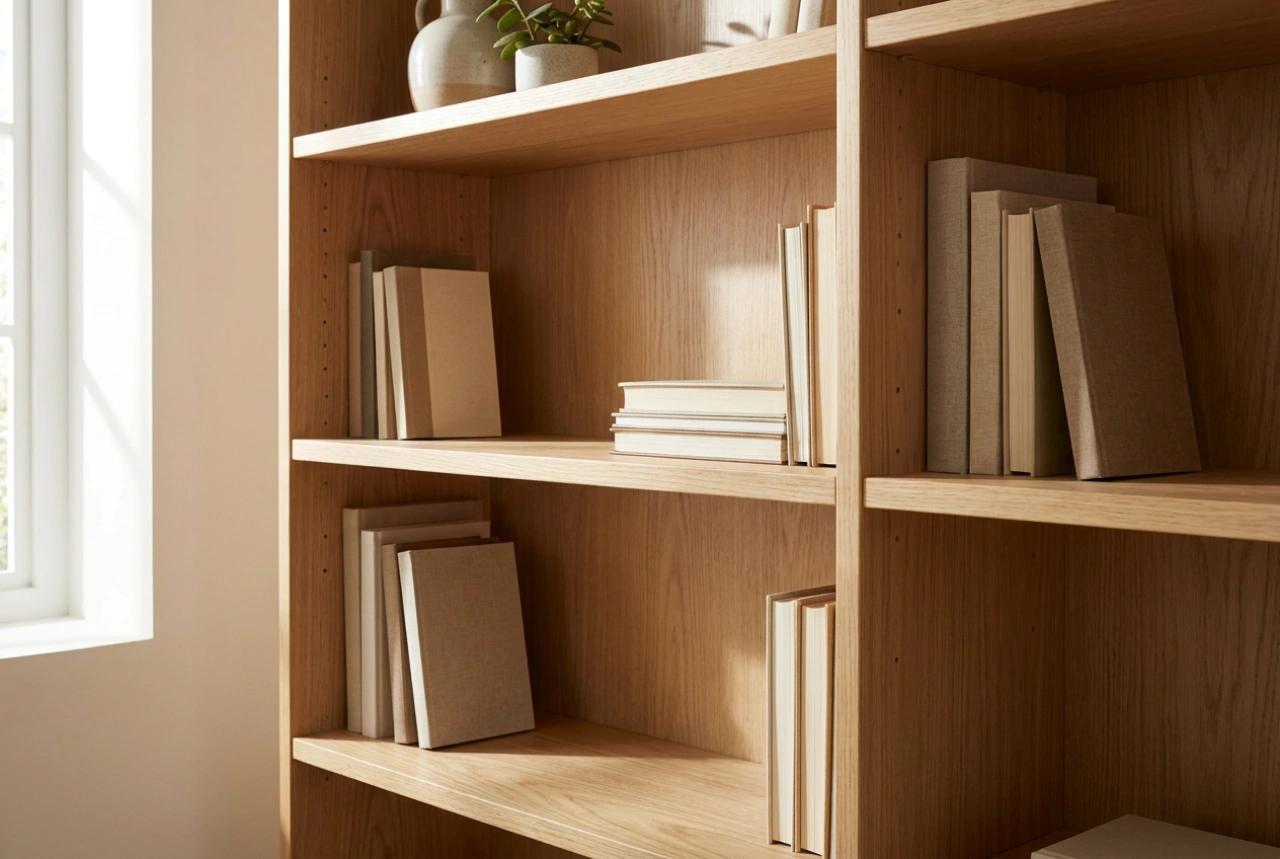 Librerie in legno e disposizione dei libri per facilitare la pulizia