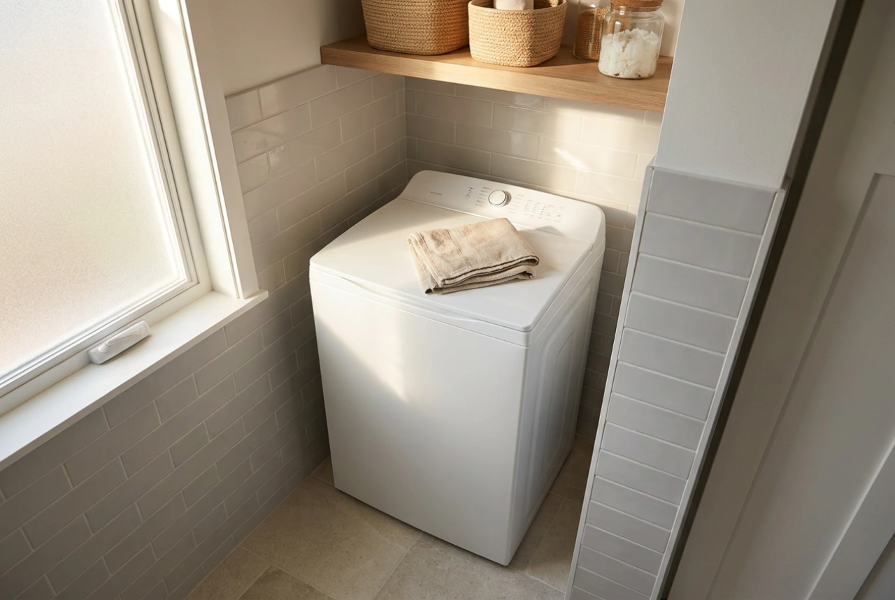 Lavatrice slim a carica dall'alto in un bagno con nicchia stretta